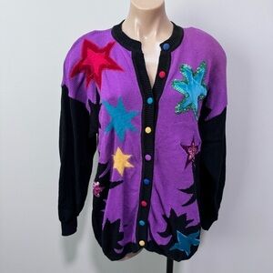 Qui Designer Collection Sweater Cardigan Stars Vintage 80s Sequin Purple Pop